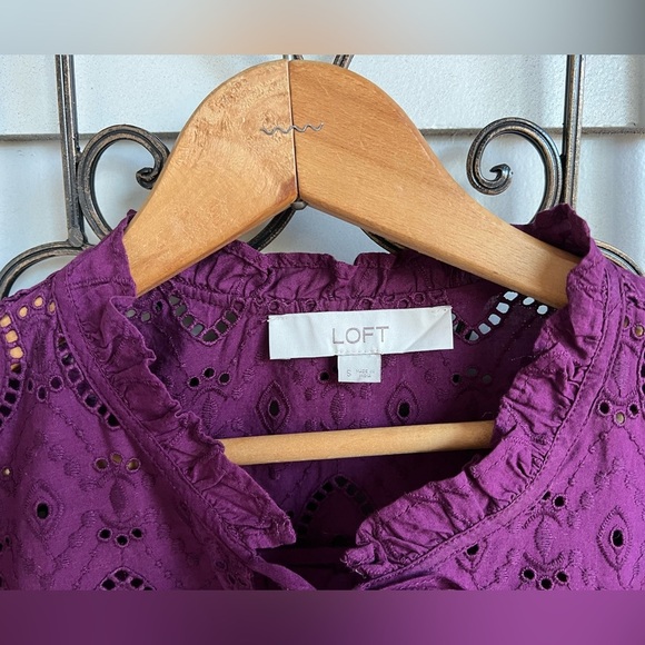 Loft Purple Petite Eyelet Ruffle Tie Neck Top Size S - Picture 5 of 7
